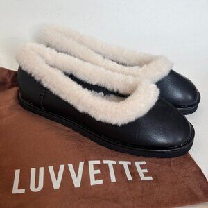 Luvvette Odette Ballet Flats Black Slippers Suede Shearling look House Shoes 11